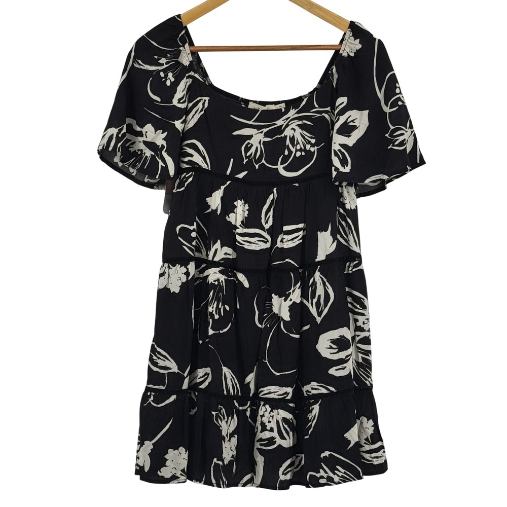 NWT Millibon Floral Tiered Mini Dress Black White Smocked Back Sz Small Babydoll